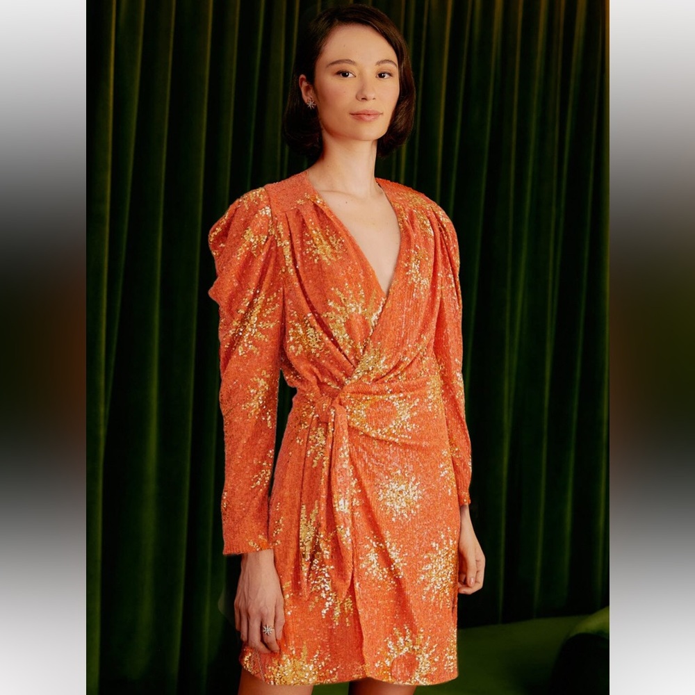 NWT Farm Rio Orange Sunny Mood Sequin Long Sleeve Mini Dress